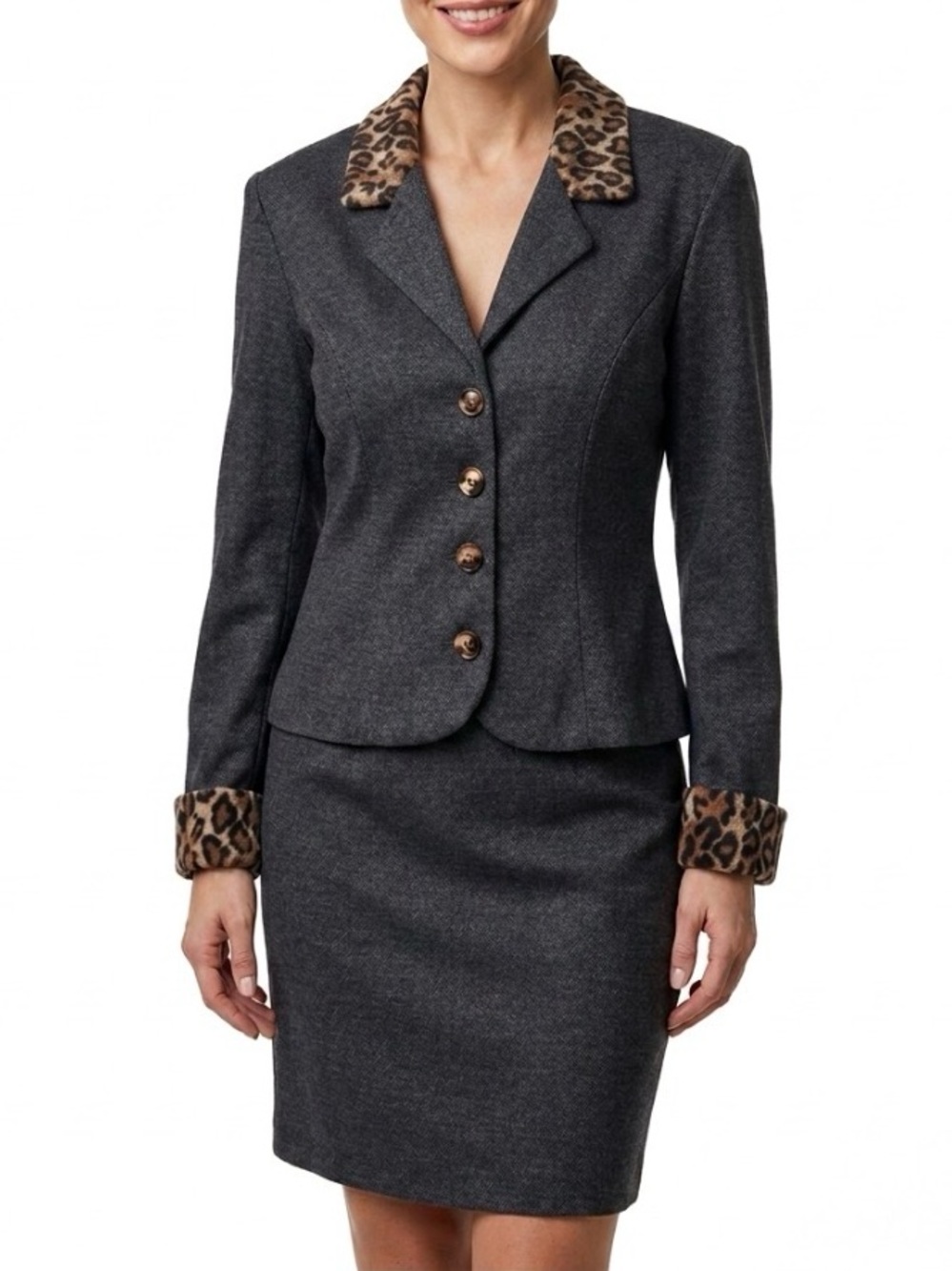 NWOT Gray Leopard Trim Skirt Suit Set